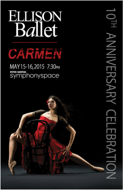 advertisement image featuring dancer in Carmen costume